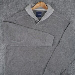 Tommy Bahama Sweater Mens Small Gray Shawl Collar Button Elbow Patch Pullover